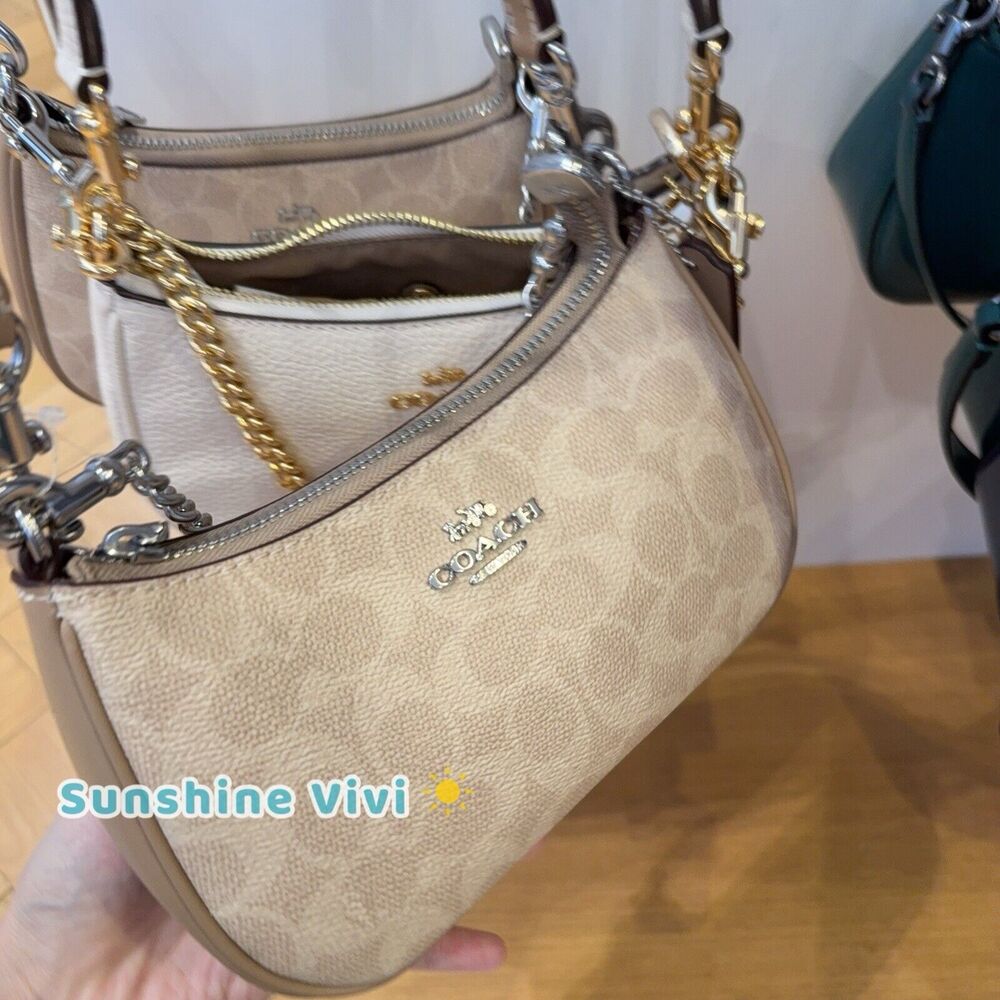 NWT Coach Teri Mini Crossbody Bag cw323 Signature Canvas/Silver/Sand/Taupe